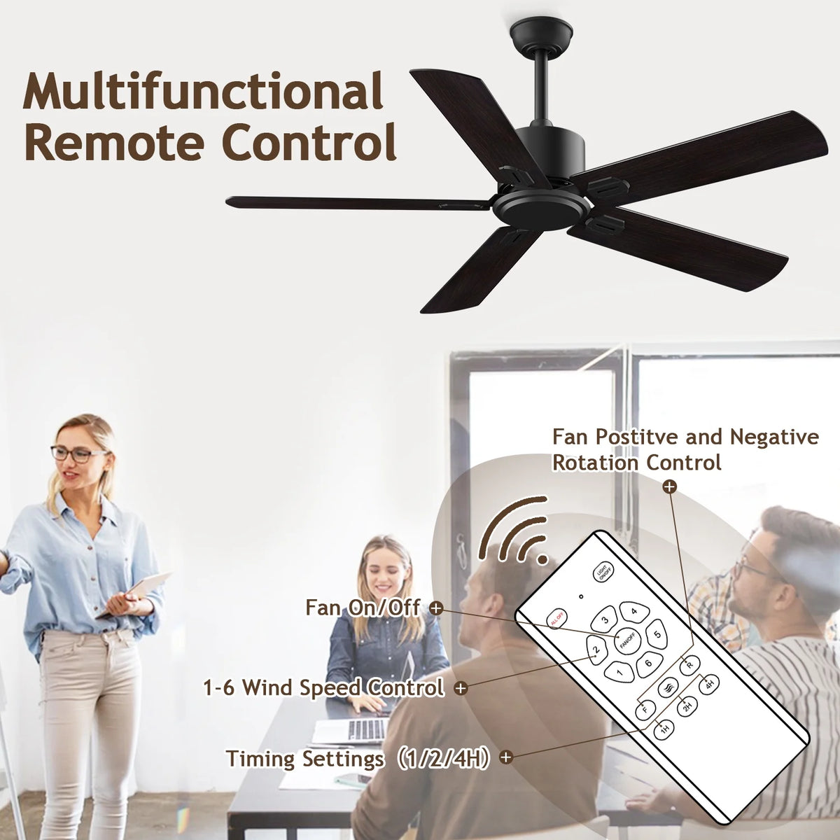 52" Ceiling Fan with Remote Control No Light, 6 Speeds Reversible DC Motor 5 Blades Black/Walnut C56969