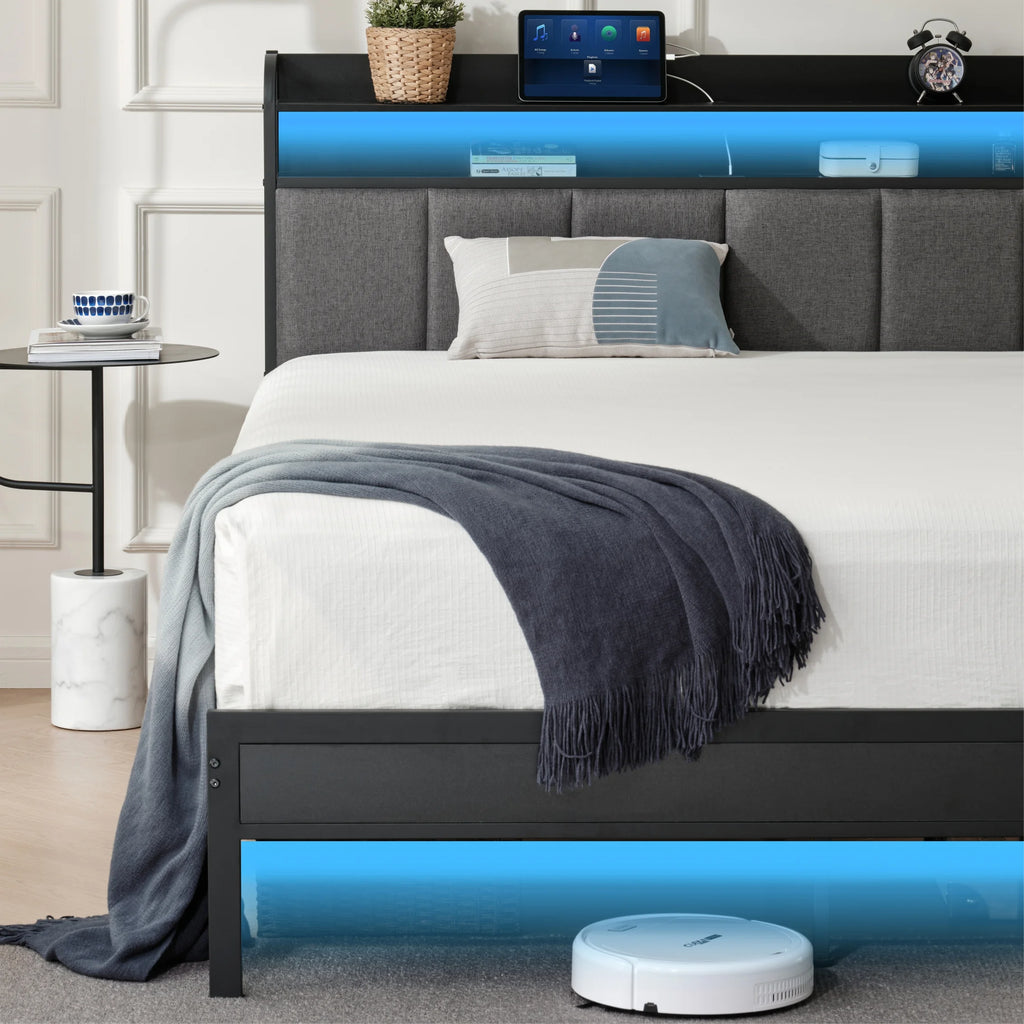King Size Metal and Wood Platform Bed with LED Headboard A54910