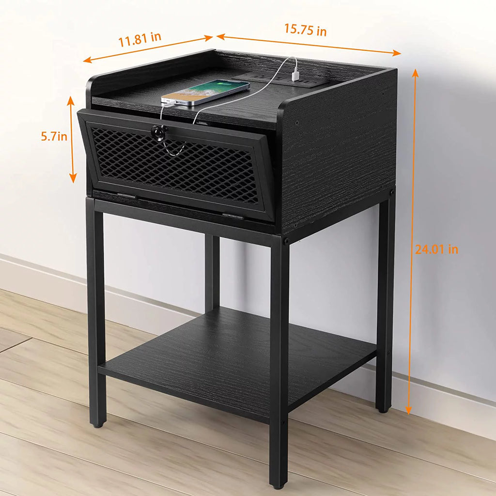 Black Nightstand with Charging Station and Drawers K1972