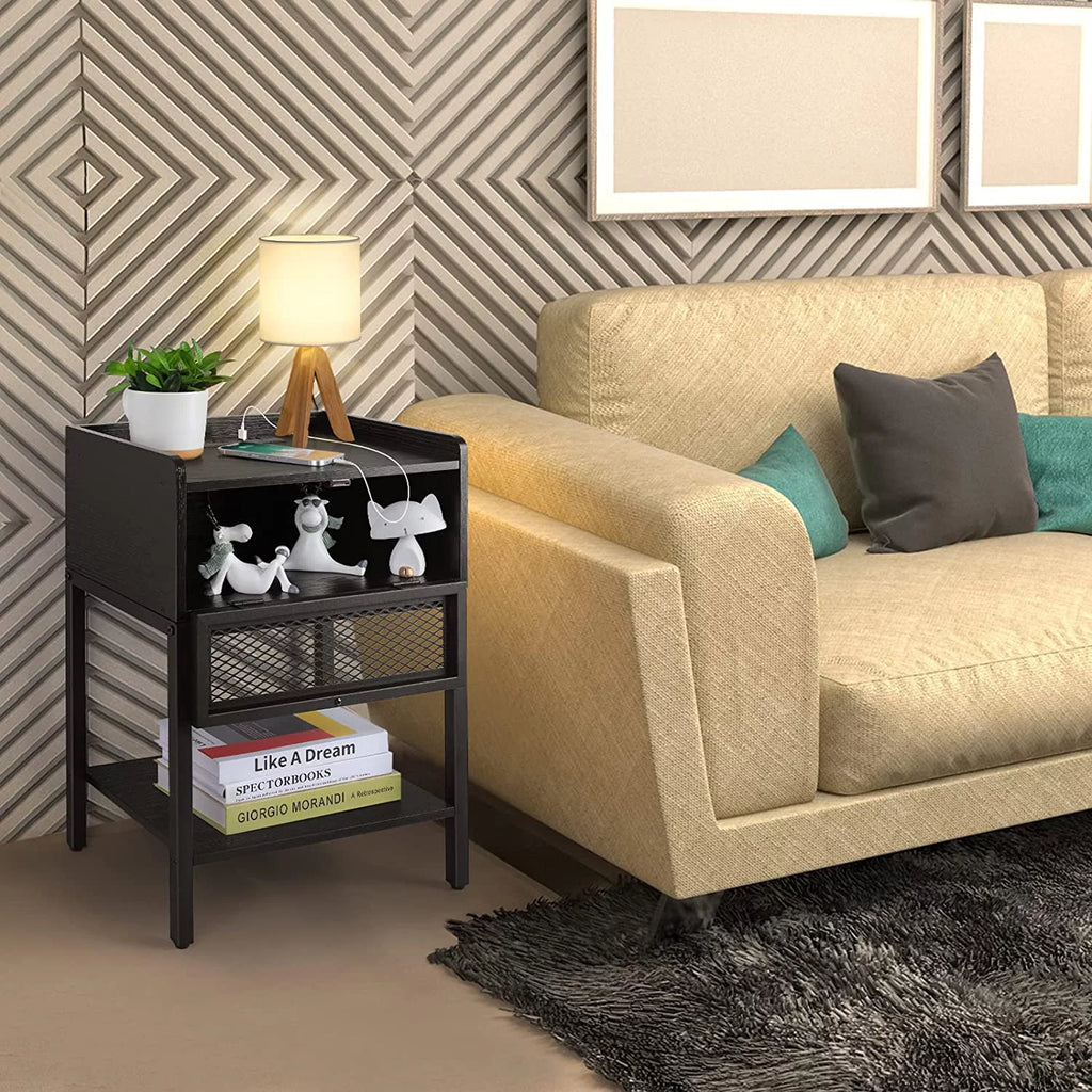 Black Nightstand with Charging Station and Drawers K1972