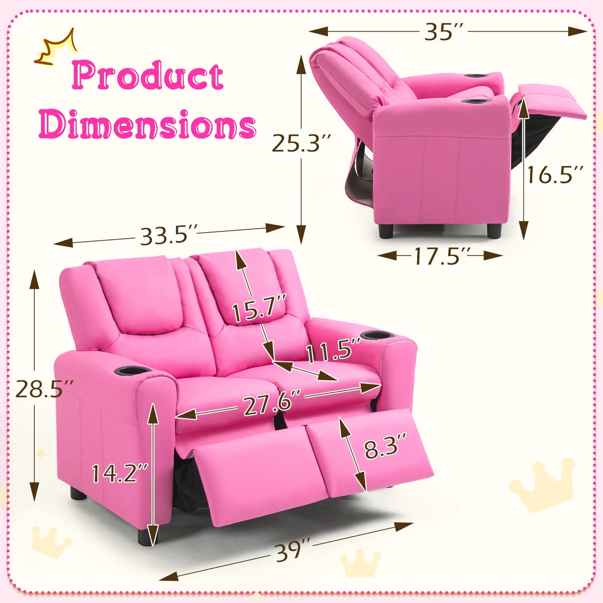 Pink PU Leather Kids Recliner Chair W4755