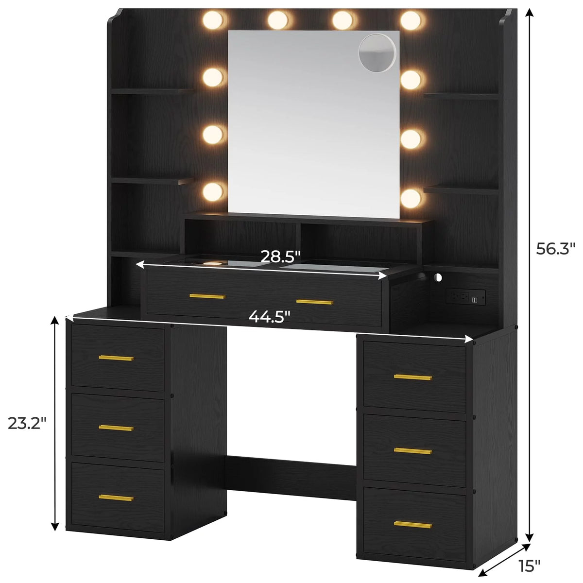 Black Vanity Desk with Mirror and Lights, Glass Top, Charging Station, 8 Drawers P6924
