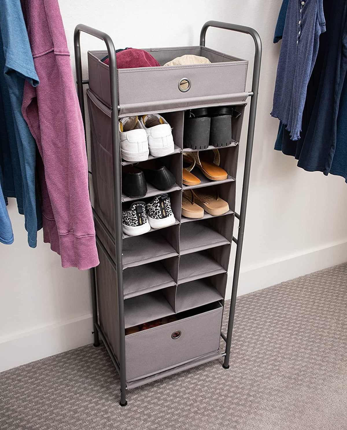 Grey 12 Cubby Vertical Shoe Rack Organizer with Drawer Q269