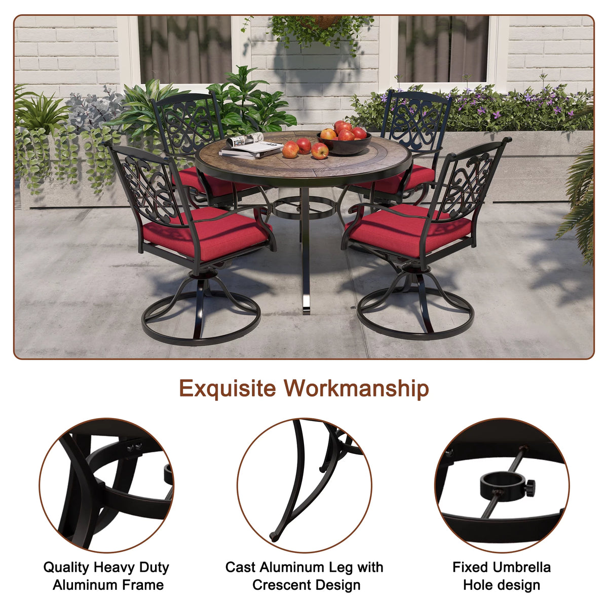 48" Cast Aluminum Round Patio Dining Table with Umbrella Hole O447800