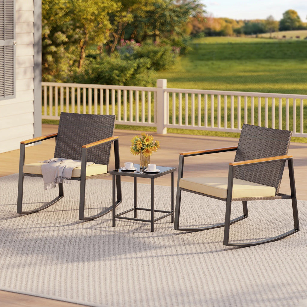 3 Pieces Beige Rattan Wicker Patio Rocking Chair Set with Coffee Table A8480