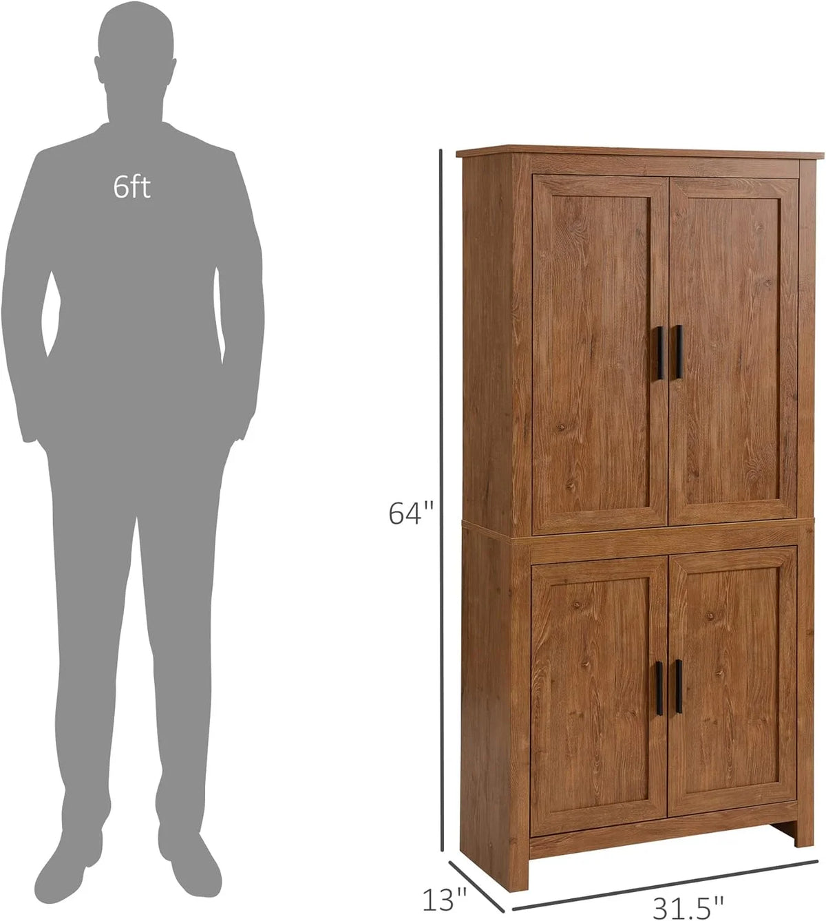 64" 4-Door Oak Kitchen Pantry Cabinet with 3 Adjustable Shelves L78934