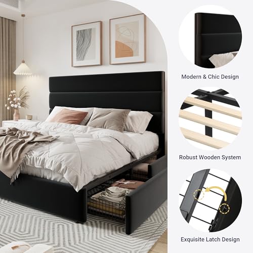 White Full Size Platform Bed Frame with 4 Storage Drawers and Velvet Upholstered Headboard D654943