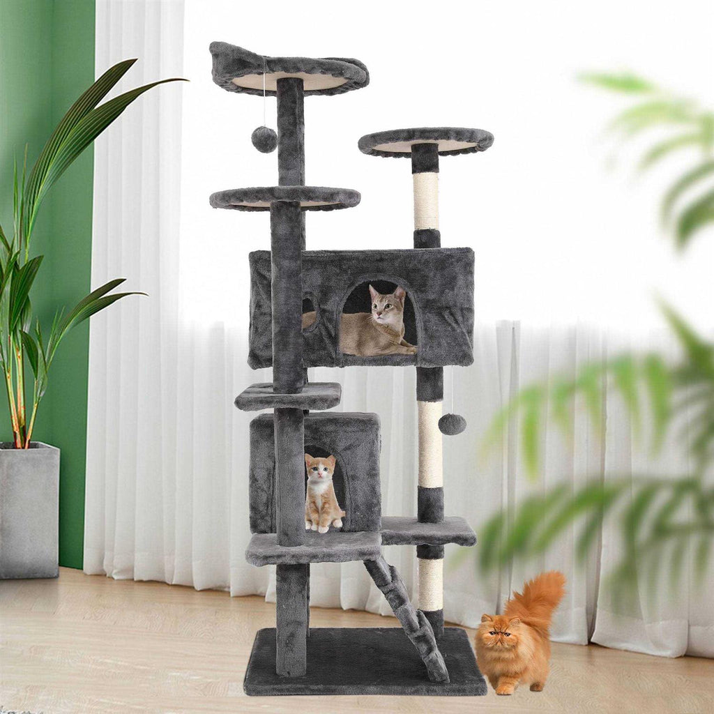 54-in Double Condo Cat Tree Tower Playhouse with Scratching Post & Perch T14053