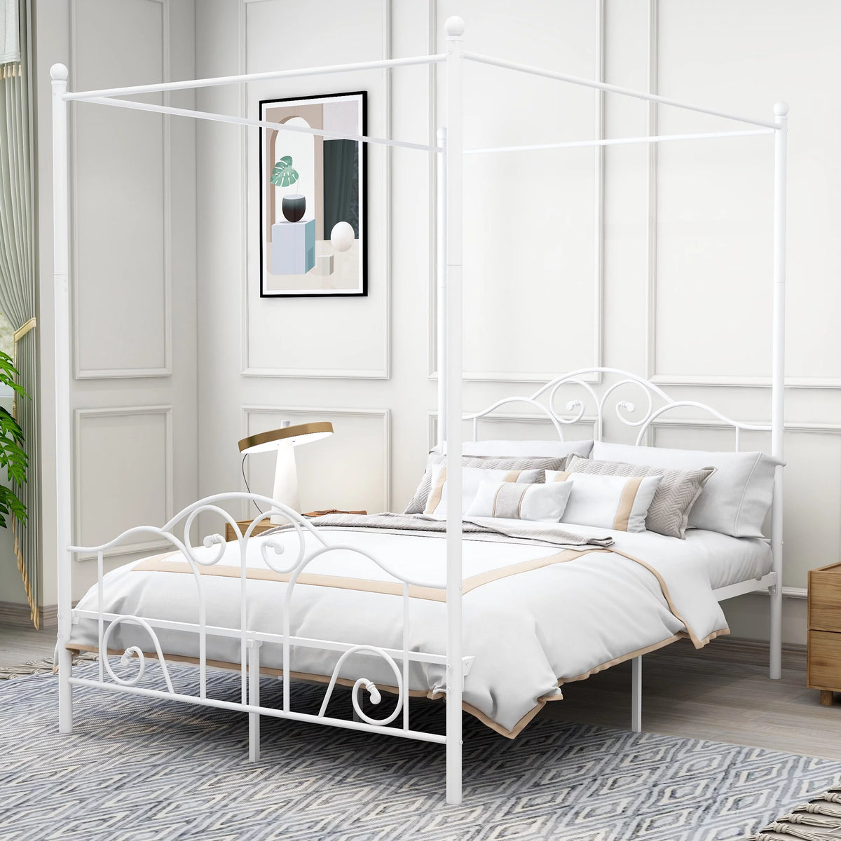 Vintage Four Post Metal Canopy Bed Frame Full Size White T965086