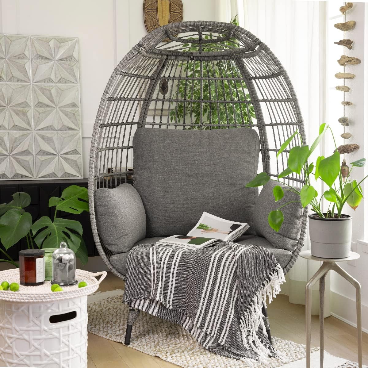 Oversized Grey Wicker Chair with Seat Cushions S290112