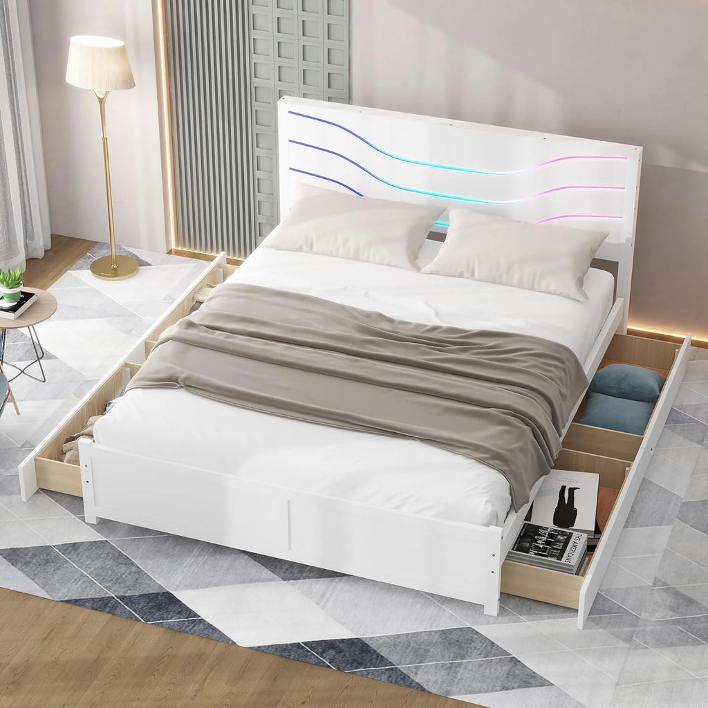 Queen Size Wood Platform Bed Frame with Headboard and 4 Storage Drawers E1194