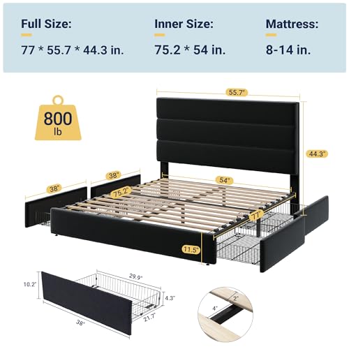 White Full Size Platform Bed Frame with 4 Storage Drawers and Velvet Upholstered Headboard D654943