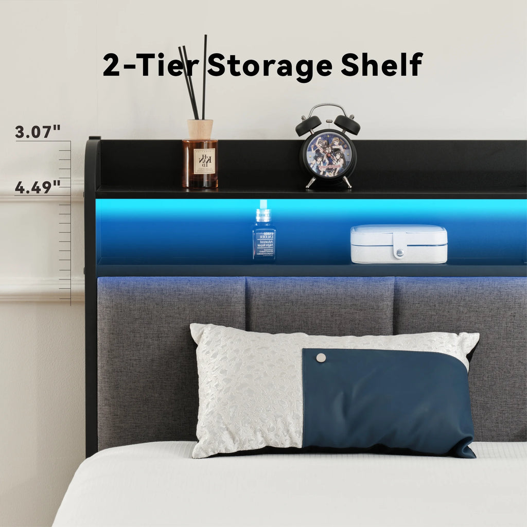 King Size Metal and Wood Platform Bed with LED Headboard A54910