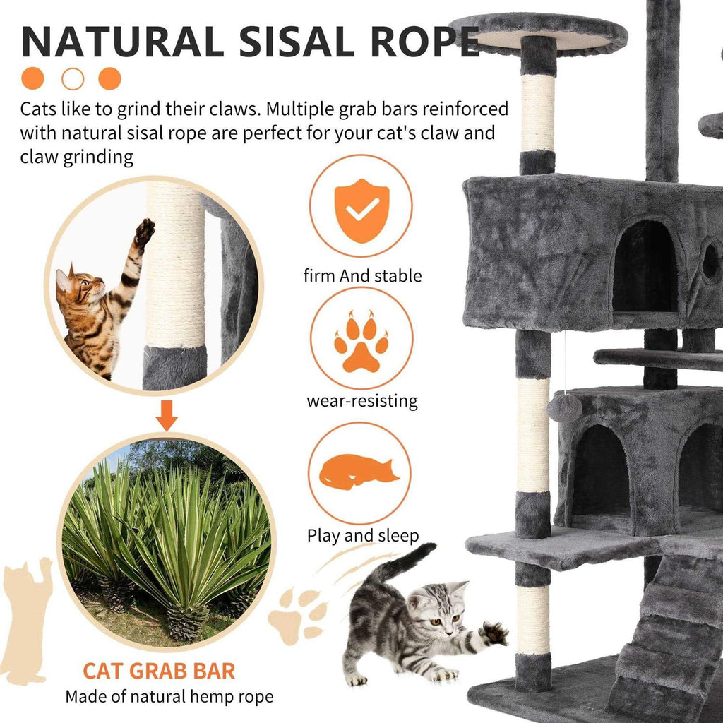 54-in Double Condo Cat Tree Tower Playhouse with Scratching Post & Perch T14053
