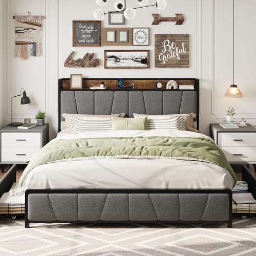 Full Size Linen Upholstered Platform Bed Frame with Storage Headboard and 2 Drawers K257