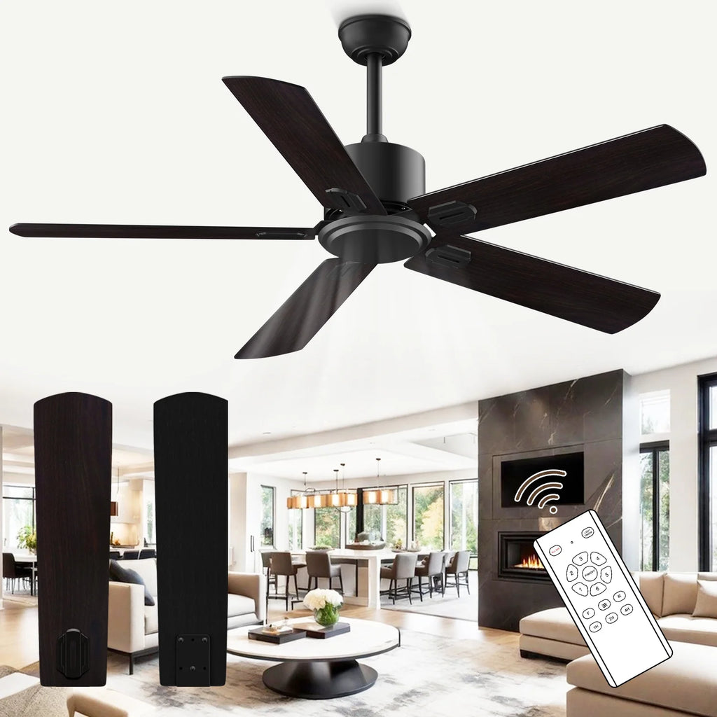 52" Ceiling Fan with Remote Control No Light, 6 Speeds Reversible DC Motor 5 Blades Black/Walnut C56969