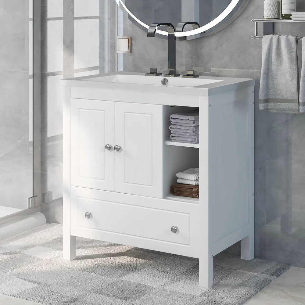 30" White Bathroom Vanity with Ceramic Sink and Storage Cabinet P450732