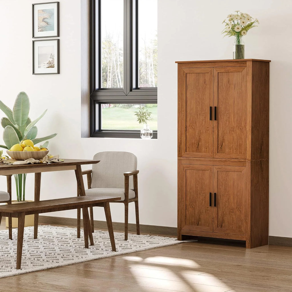 64" 4-Door Oak Kitchen Pantry Cabinet with 3 Adjustable Shelves L78934