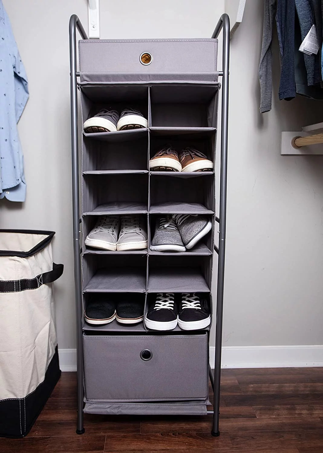 Grey 12 Cubby Vertical Shoe Rack Organizer with Drawer Q269