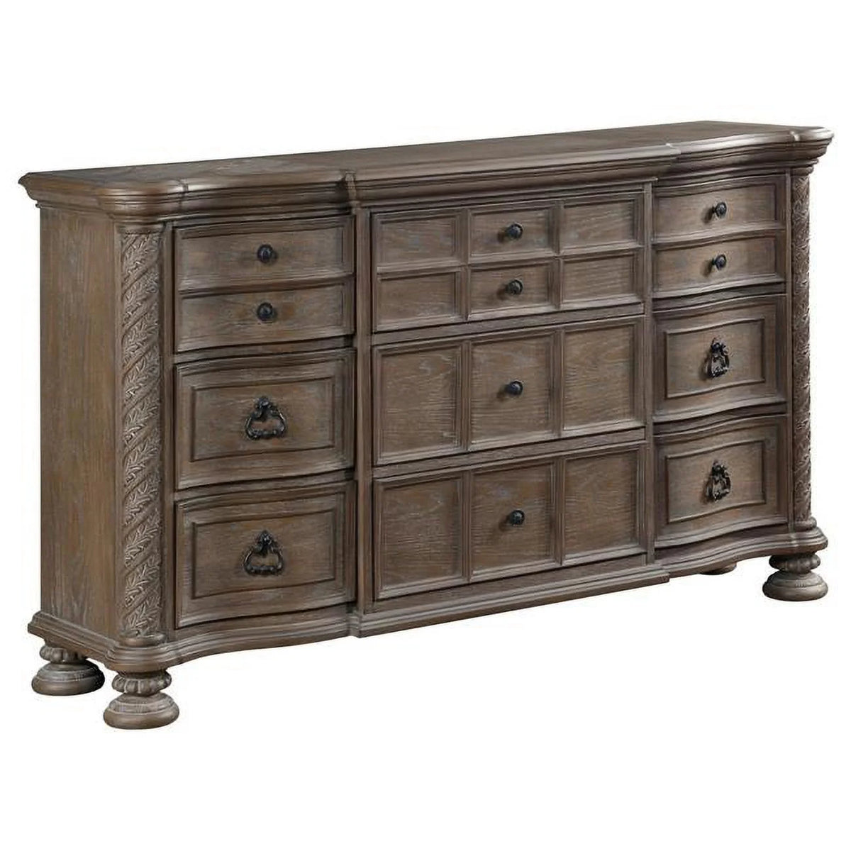 Oak Brown Wood Dresser with 9 Drawers E182511