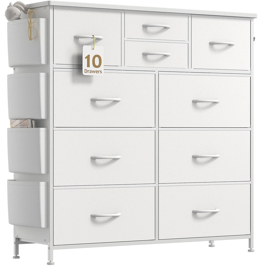 White 10 Drawer Dresser with Side Pockets and Hooks S53374
