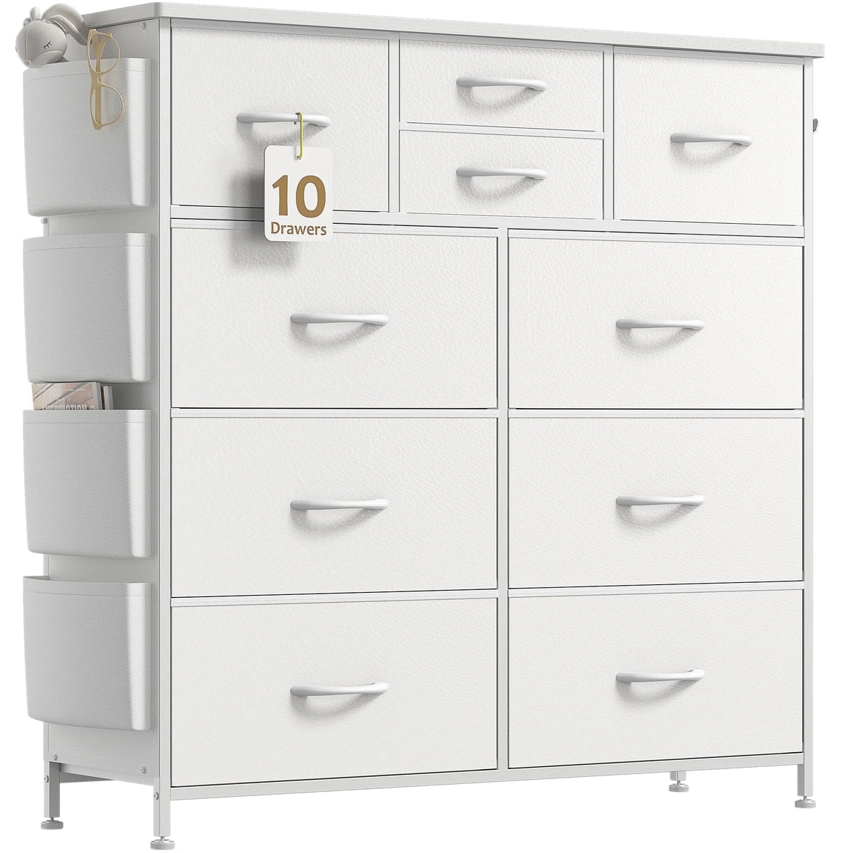 White 10 Drawer Dresser with Side Pockets and Hooks S53374