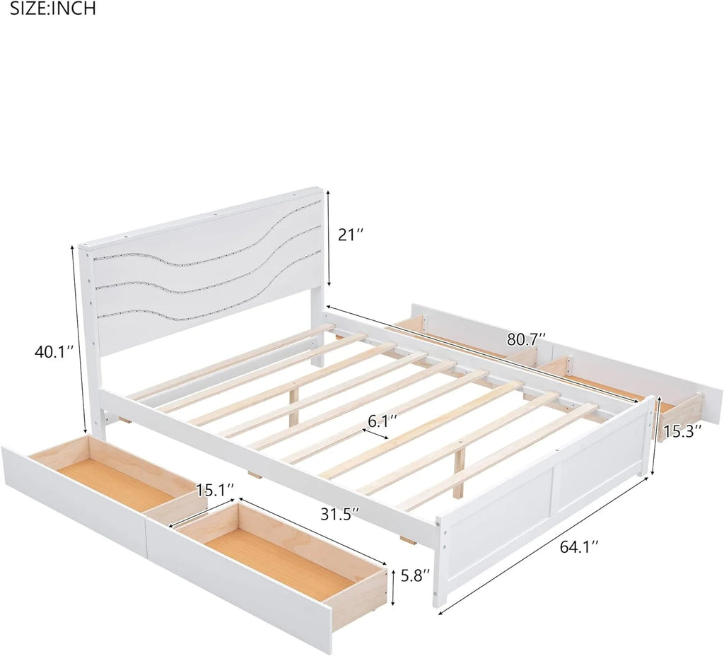 Queen Size Wood Platform Bed Frame with Headboard and 4 Storage Drawers E1194