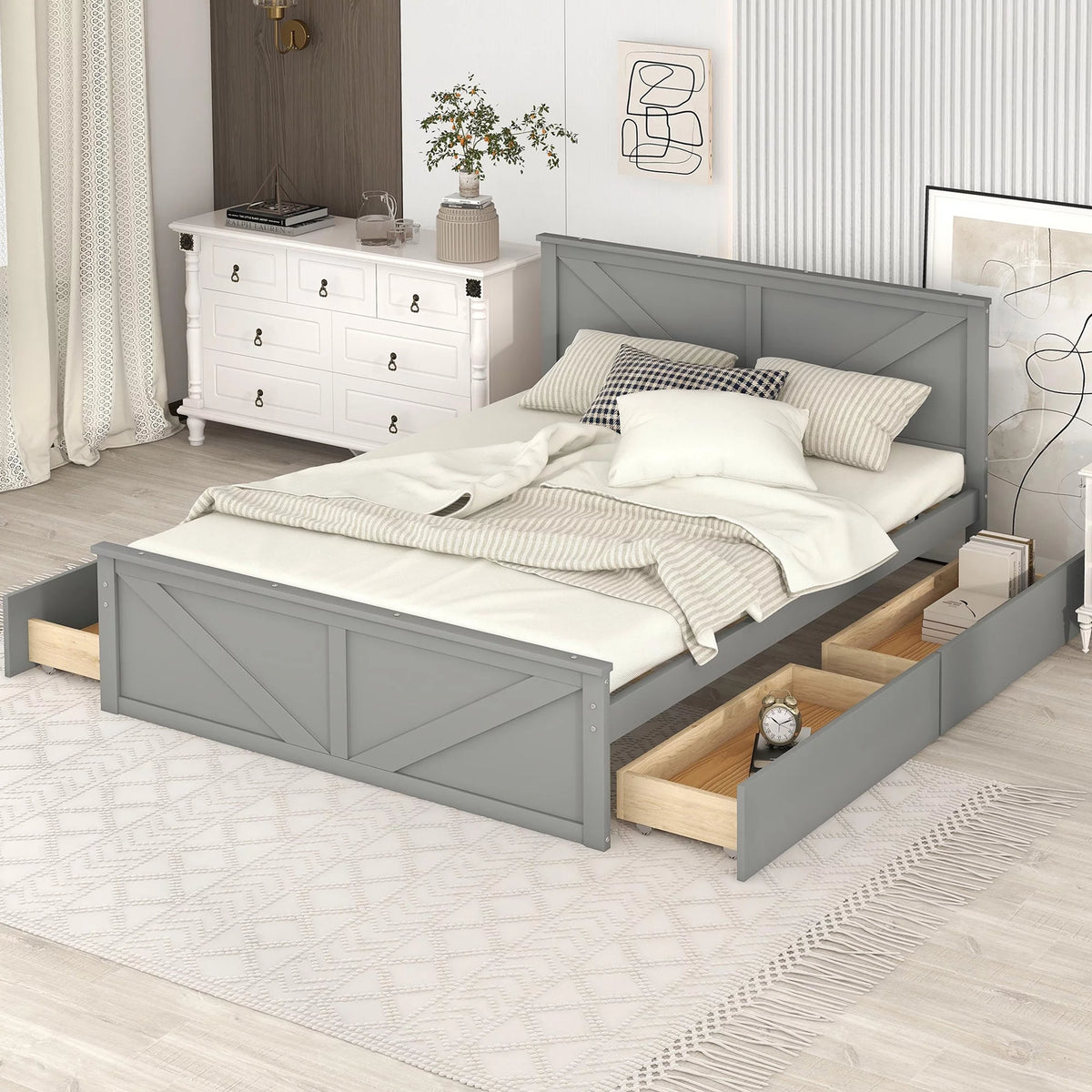 Gray Wood Queen Bed Frame with 4 Storage Drawers K20735