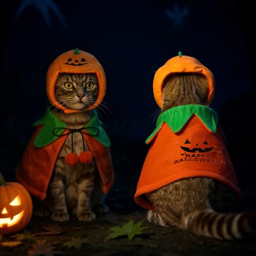 2 Sets Pet Pumpkin Costume Cat Halloween Cloak Hat Set B815594