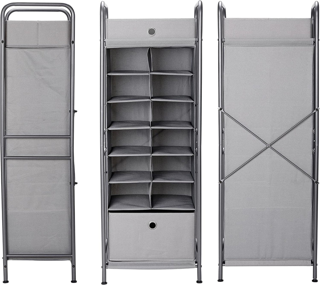 Grey 12 Cubby Vertical Shoe Rack Organizer with Drawer Q269