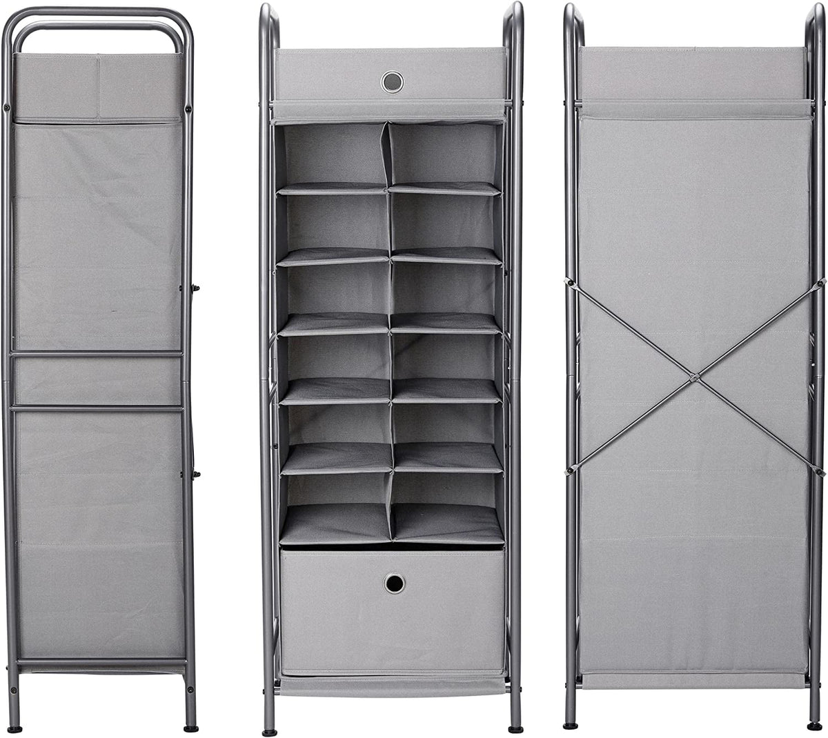 Grey 12 Cubby Vertical Shoe Rack Organizer with Drawer Q269