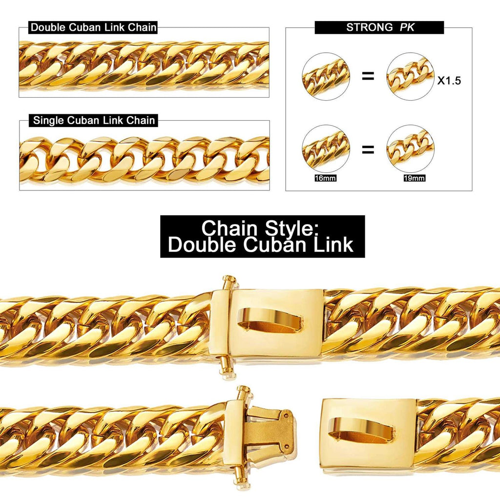 Gold Chain Dog Collar 16MM Cuban Link with Snap Buckle R750