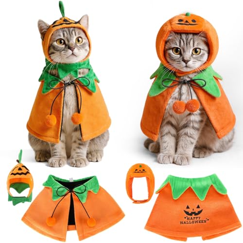 2 Sets Pet Pumpkin Costume Cat Halloween Cloak Hat Set B815594