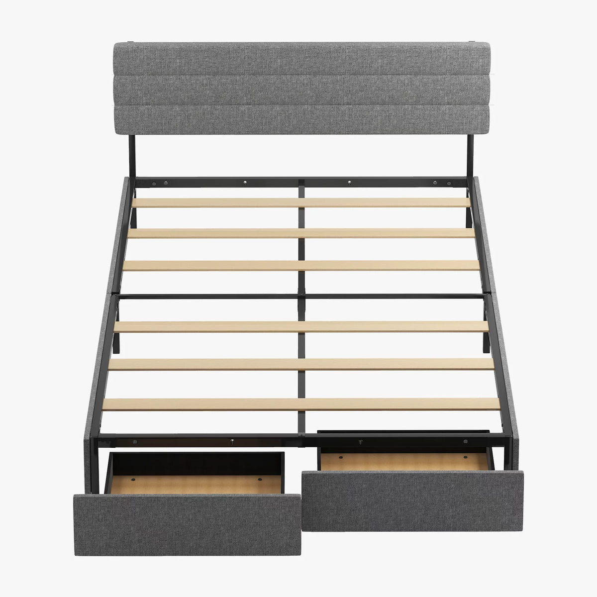 Queen Dark Grey Upholstered Platform Bed Frame with 2 Storage Drawers A122
