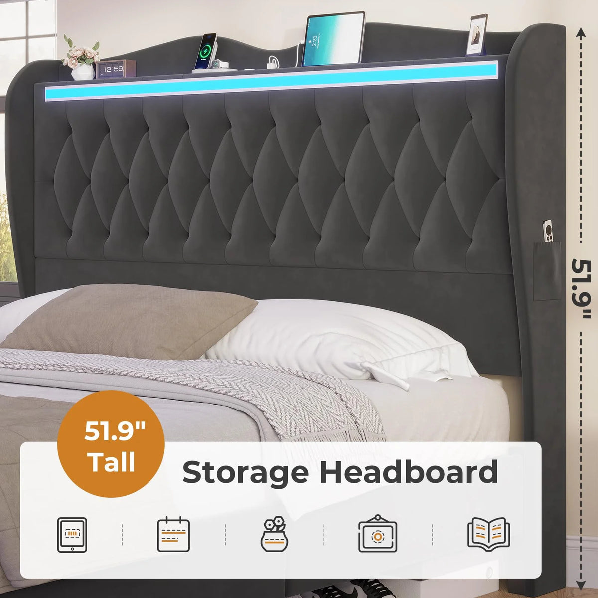 LED Full Size Bed Frame with Storage Headboard and Charging Station L178