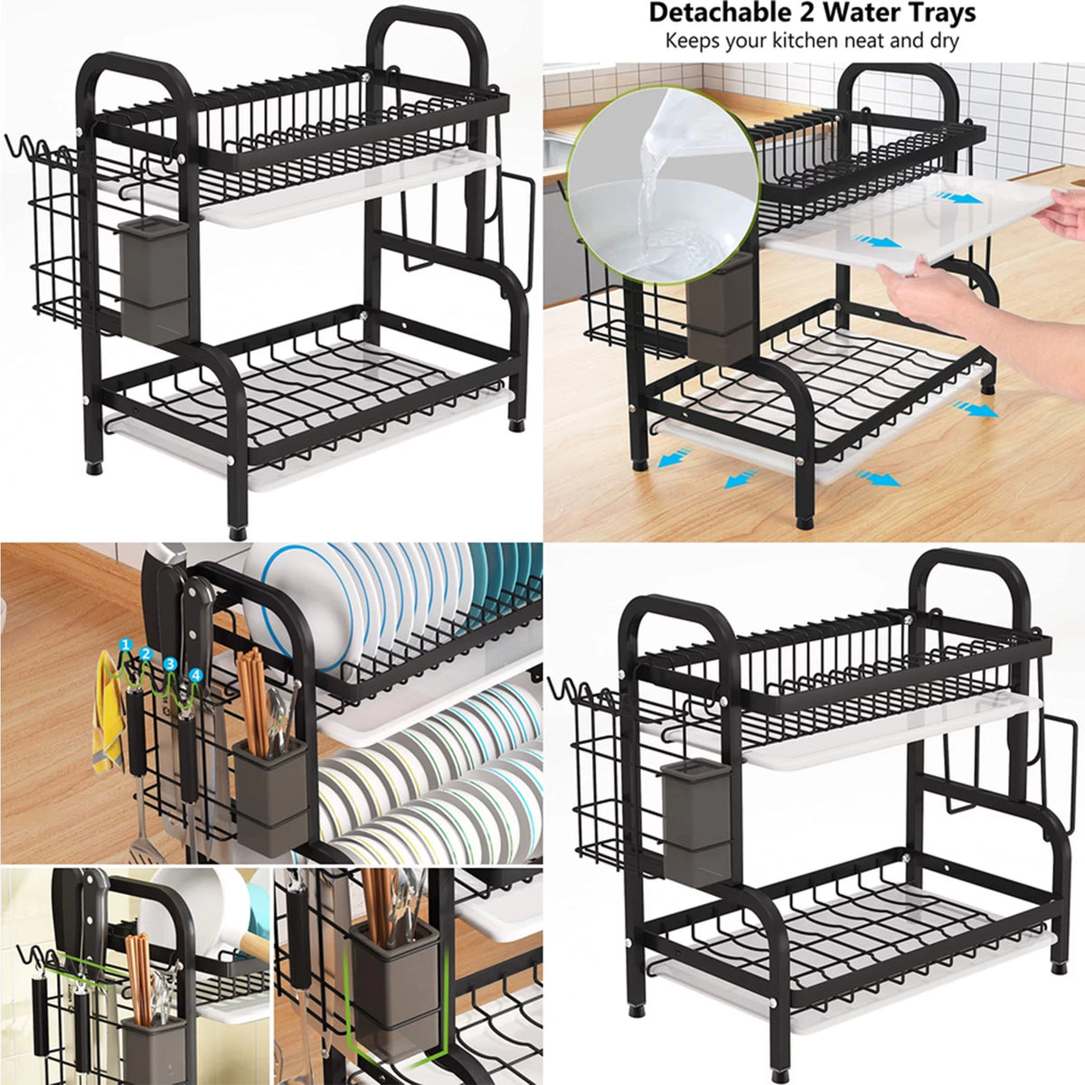 Adjustable 2-Tier Dish Drying Rack with Cutting Board Holder M52520