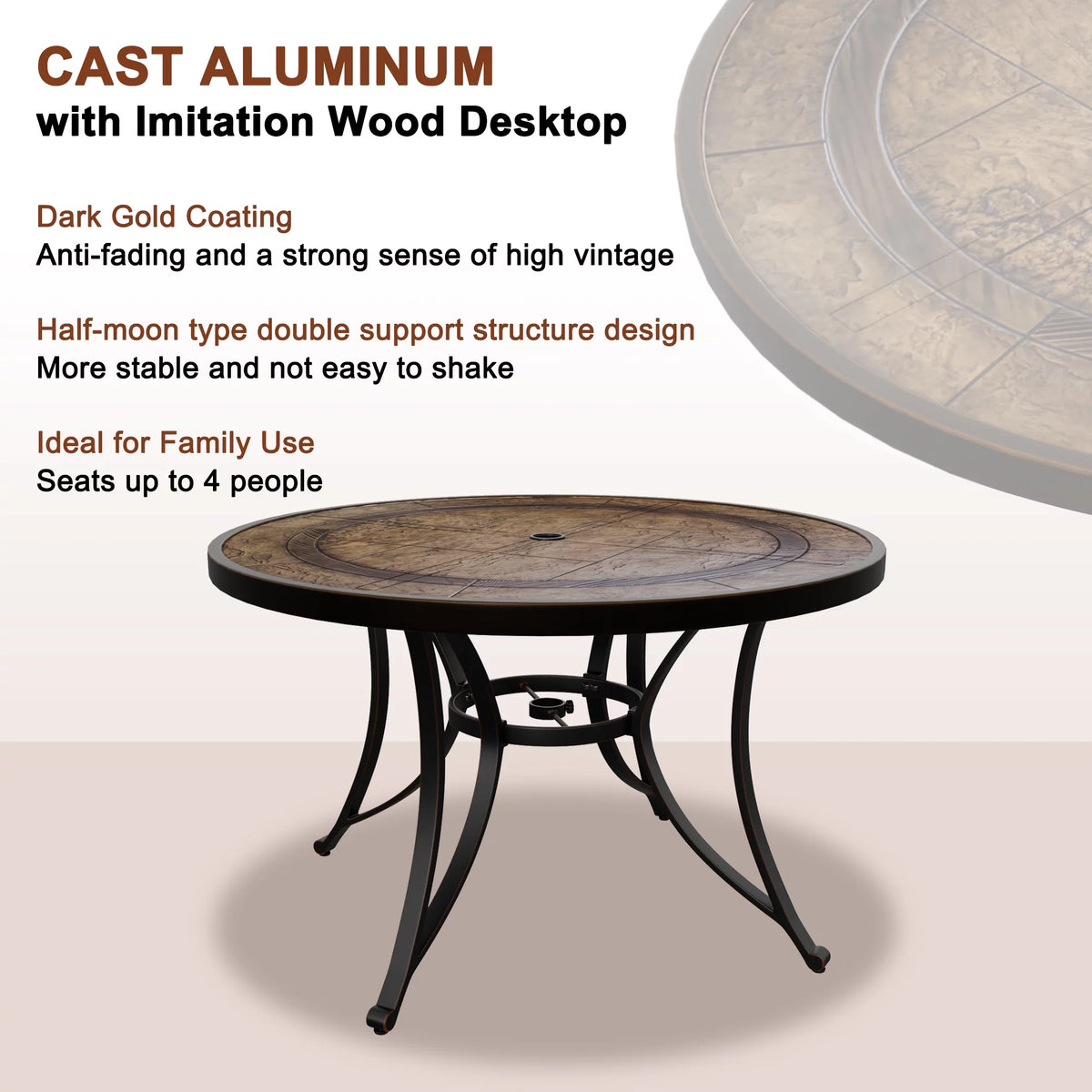 48" Cast Aluminum Round Patio Dining Table with Umbrella Hole O447800