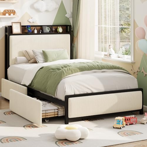 Full Size Linen Upholstered Platform Bed Frame with Storage Headboard and 2 Drawers K257