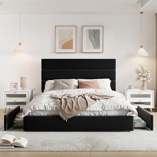 White Full Size Platform Bed Frame with 4 Storage Drawers and Velvet Upholstered Headboard D654943