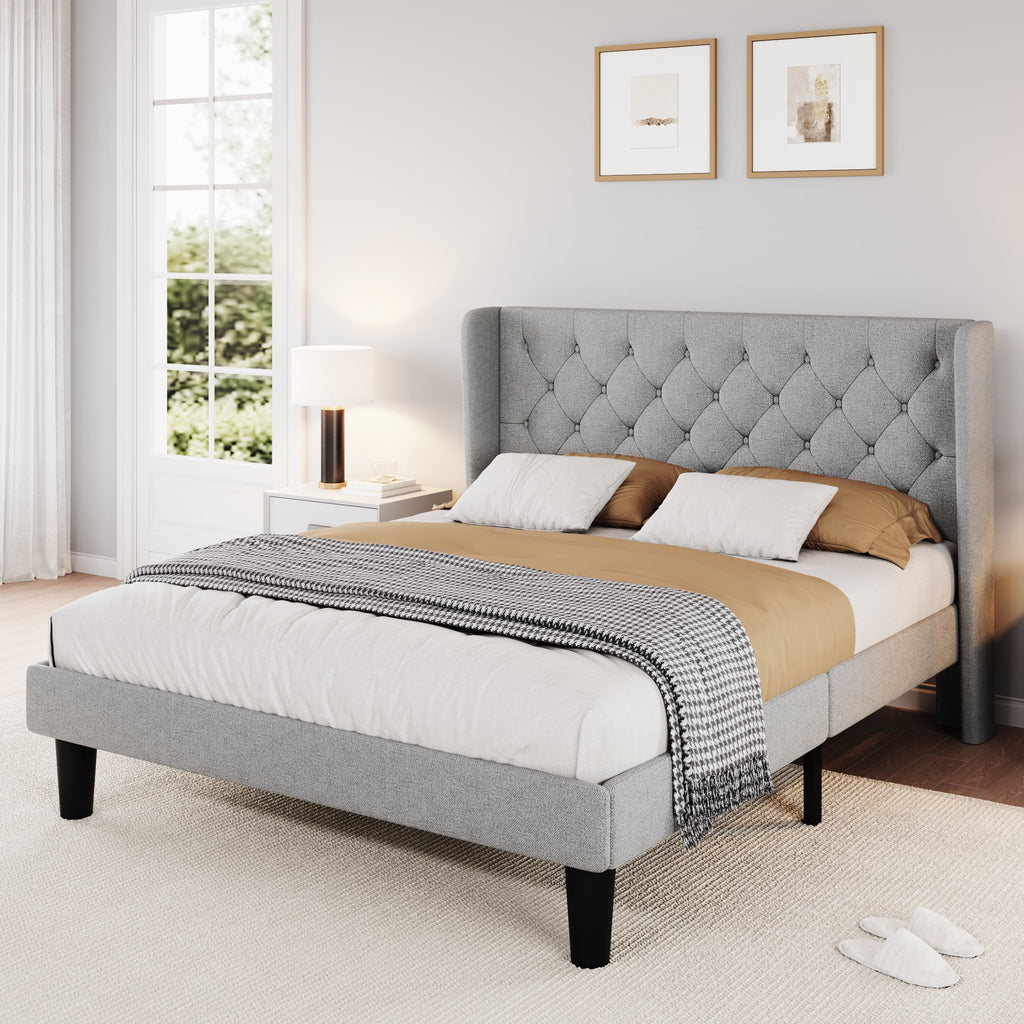 Queen Size Dark Grey Upholstered Platform Bed Frame Y9902