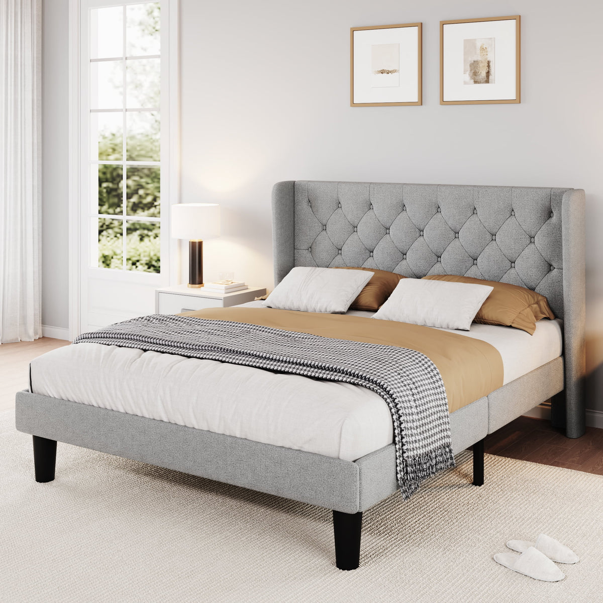 Queen Size Dark Grey Upholstered Platform Bed Frame Y9902