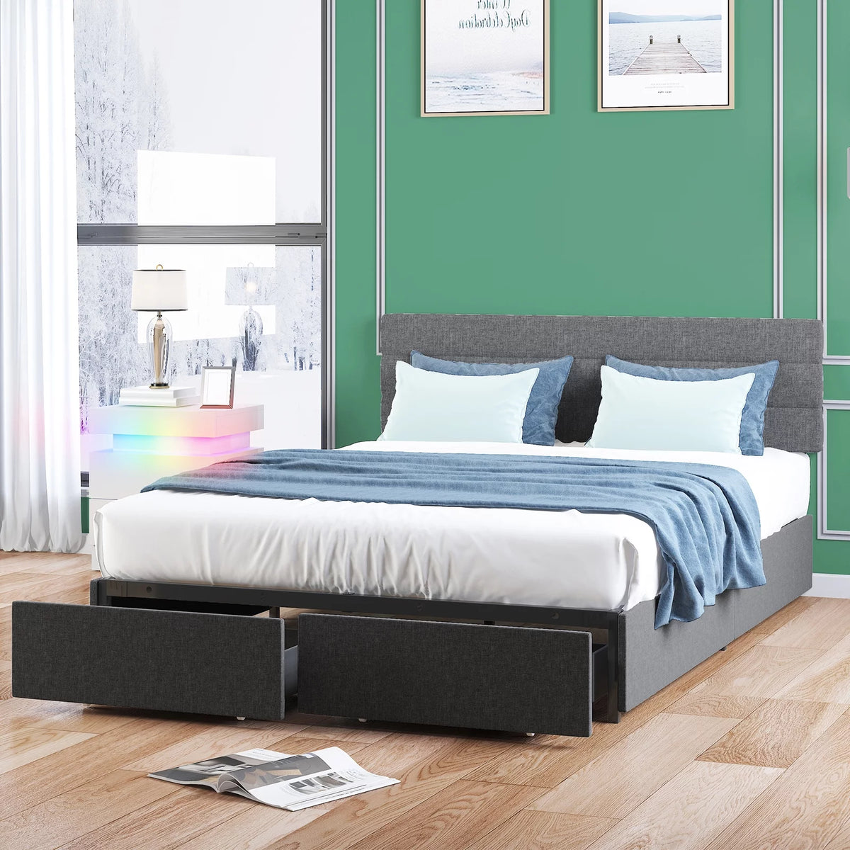 Queen Dark Grey Upholstered Platform Bed Frame with 2 Storage Drawers A122