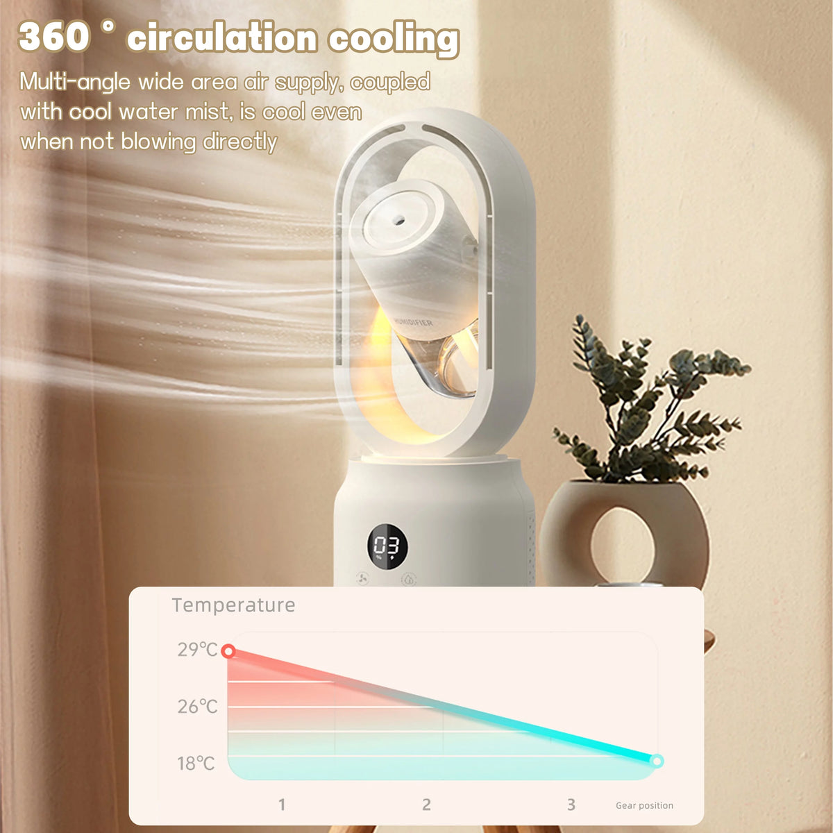 White 3 Speeds Bladeless Tower Fan with Humidifier A229