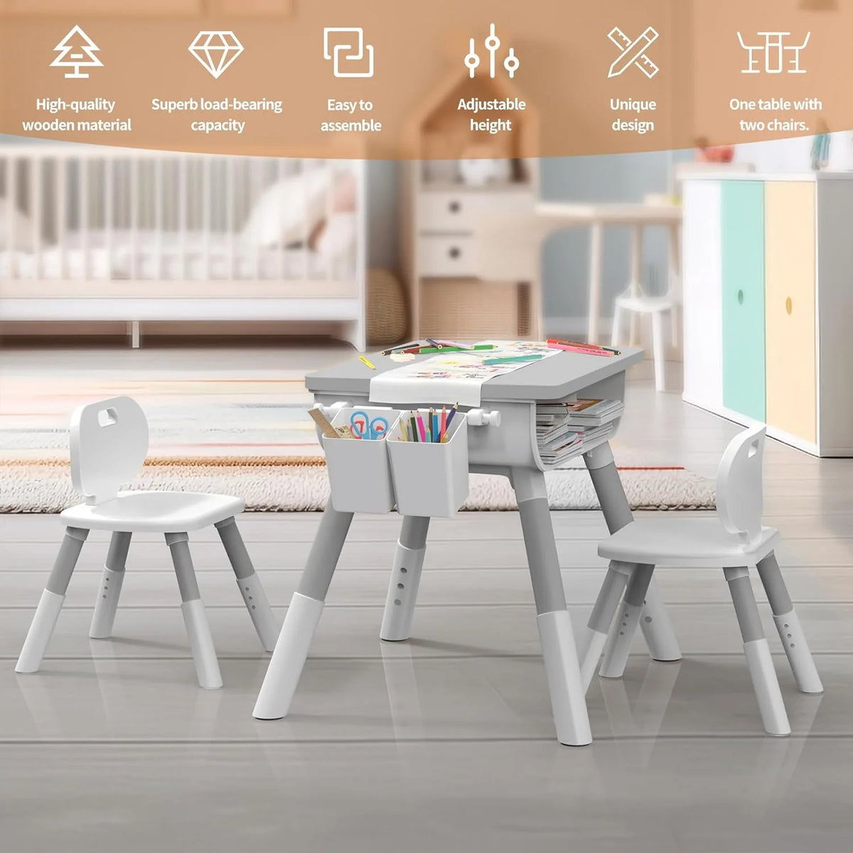 Kids Adjustable Height Wooden Table and Chair Set I397128