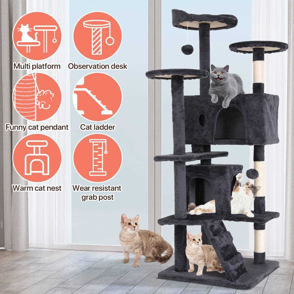 54-in Double Condo Cat Tree Tower Playhouse with Scratching Post & Perch T14053