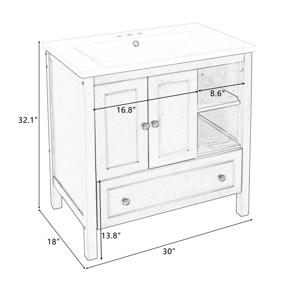 30" White Bathroom Vanity with Ceramic Sink and Storage Cabinet P450732