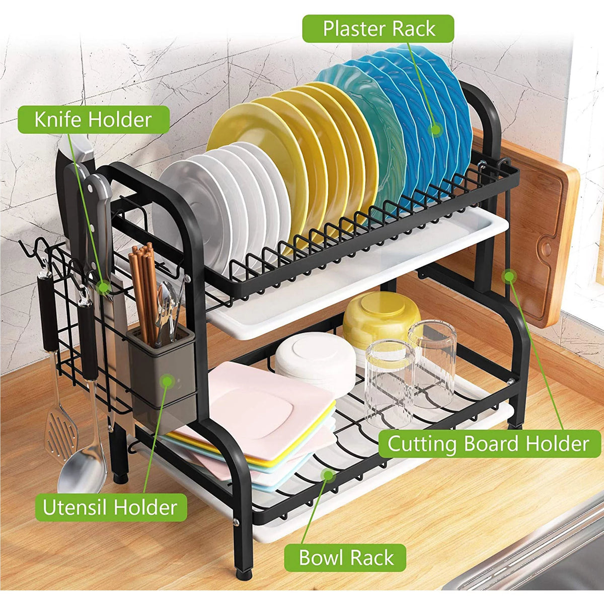 Adjustable 2-Tier Dish Drying Rack with Cutting Board Holder M52520