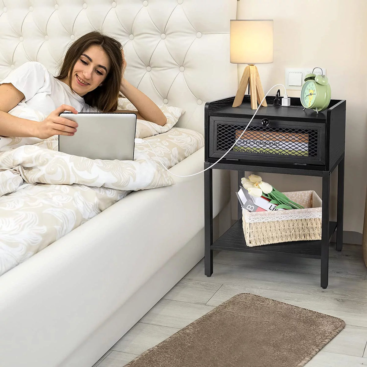 Black Nightstand with Charging Station and Drawers K1972