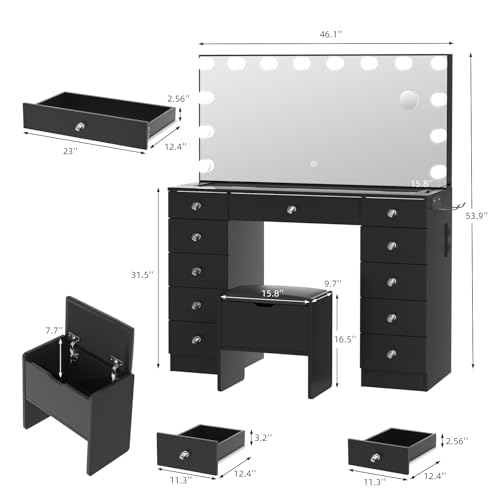 White Glass Top Makeup Vanity Desk with Lighted Mirror and 11 Drawers I921948
