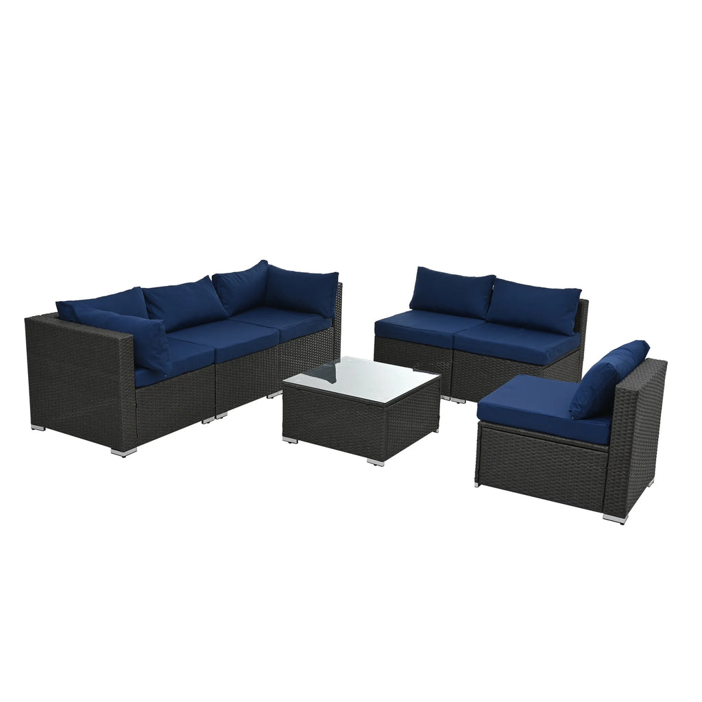 7 Piece PE Rattan Patio Furniture Set with Cushions and Glass Coffee Table X8168